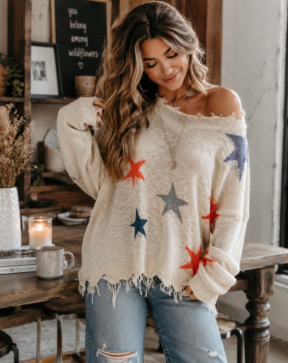 Main Strip Star Distressed Sweater Scoopneck Preppy Teacher Funky Oversized M